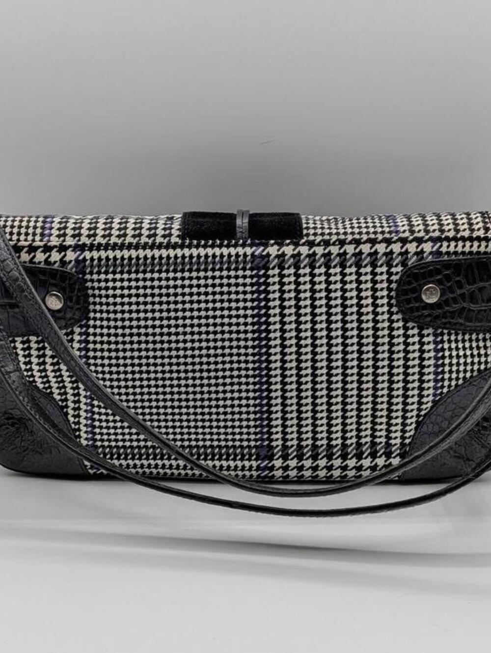 Lauren Ralph Lauren $298 Y2K Black White Purple Houndstooth Leather Accent Bag - Picture 2 of 10